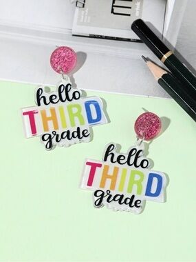 Hello Third Grade Rainbow Acrylic Earrings